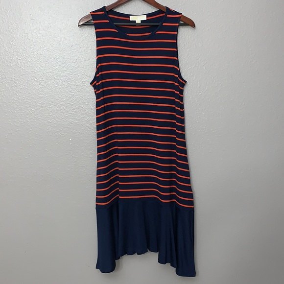 MICHAEL Michael Kors Womans Shark Bite Hem Dress. Blue with Orange/red stripes L - Picture 1 of 10